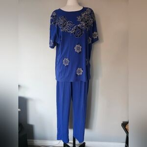 Vintage Plus Size 2X Blue Floral Two Piece Pant & Top Matching Set